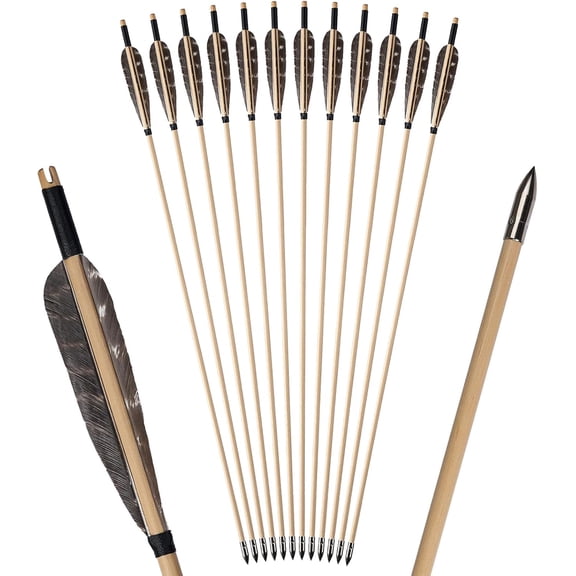 12Pcs 31.5 inch Wooden Arrow, 5 inch Natural Color Natural Feathers, Handmade Wooden Hunting Arrow for Traditional Bow, Recurve Bow, Longbow