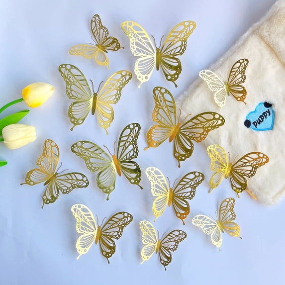 12Pcs 3D Butterfly Wall Decor, Gold Metal Butterfly Stickers Removable Wall Decals for Wedding Party Birthday Dorm Room Home Decoration, Shimmering Metallic Art