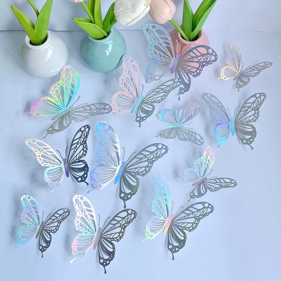 12Pcs 3D Butterfly Wall Decor, Metallic Gradient Blue Glitter Stickers, Removable 3D Stereoscopic Decals for Bedroom Dorm Wedding Birthday Party Backdrop Home Decoration