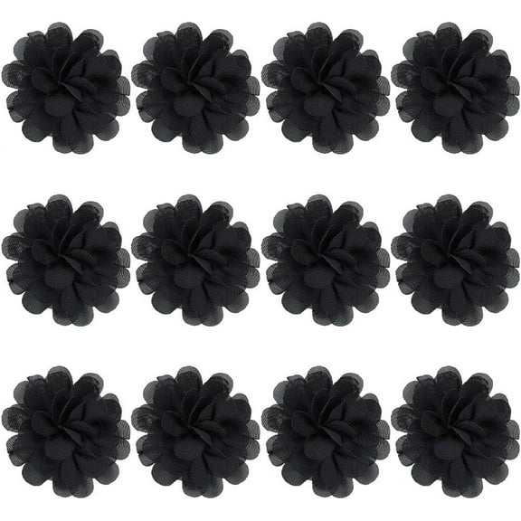12Pcs 3D Chiffon Flower Black Mesh Fabric Flowers Sewing Fabric Appliques Headband Embellishments Ornament Accessories Chiffon Lace Flower for DIY Craft Wedding Decor