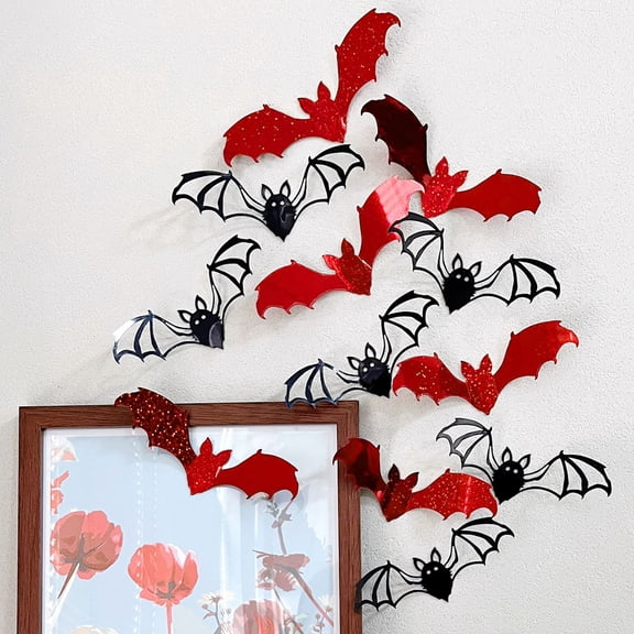 12Pcs 3D Halloween Bat Wall Stickers, Waterproof Removable Reusable Bat Decals, Flexible Layout Wall Art For Window Door Mirror Mantel Halloween Haunted House Indoor Outdoor Goth Party Decor