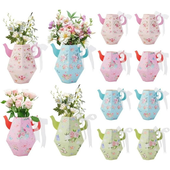 12Pcs 4 Color Floral Teapot Boxes Tea Party Decorations Tea Pot Shaped Flower Boxes for Tables Centerpiece Teapot Vase Decor Tea Themed Birthday Wedding Party DIY