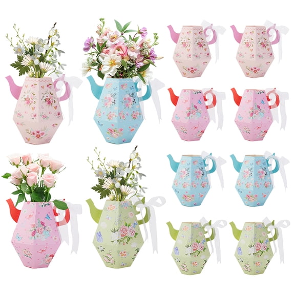 12Pcs 4 Color Floral Teapot Boxes Tea Party Decorations Tea Pot Shaped Flower Boxes for Tables Centerpiece Teapot Vase Decor Tea Themed Birthday