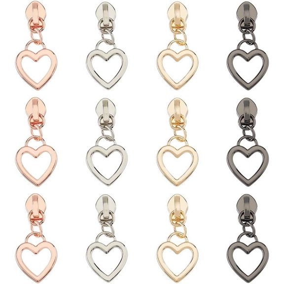 12Pcs 4 Colors Alloy Zipper Pulls Heart Zipper Slider Love Shape Zipper Head Repair Replacement for DIY
