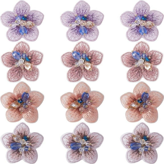 12Pcs 4 Colors Beaded Flower Applique 3D Floral Sew on Patches Decorative Embroidered Lace Patch Fabric for Jeans Jackets Clothing Scrapbooking Shoes Backpack DIY Crafts