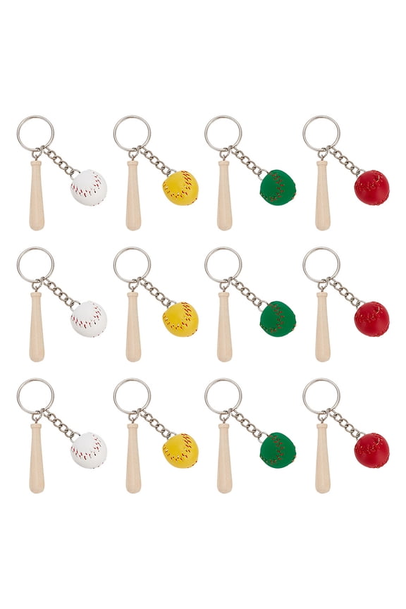 12Pcs 4 Colors Mini Baseball PU Leather Pendant Keychain with Wood Baseball Bat with Iron Finding Mixed Color 82mm 3pcs/color