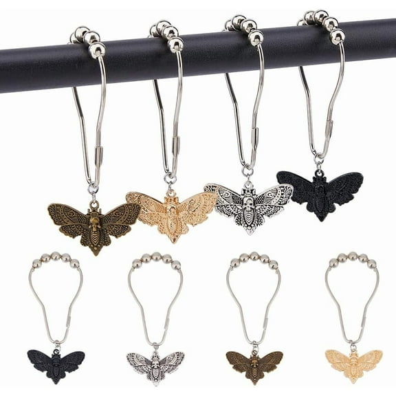 12Pcs 4 Colors Moth Shower Curtain Hooks 4.01inch Gothic Shower Curtain Rings Dead Moth with Face Iron Shower Rings for Home Bathroom Balcony Decoration
