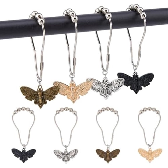12Pcs 4 Colors Moth Shower Curtain Hooks 4.01inch Gothic Shower Curtain Rings Dead Moth with Skull Face Halloween Iron Shower Rings for Home Bathroom Balcony Decoration