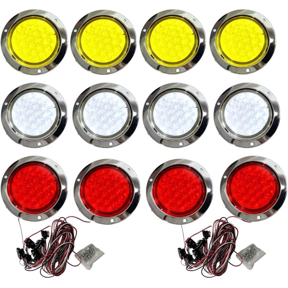 12Pcs 4" Round Trailer Tail Light, 24 LED Round Stop Turn Tail Lights Brake Trailer Lights for RV Trucks, Chrome Bezels , 4 Red/4 White/4Amber