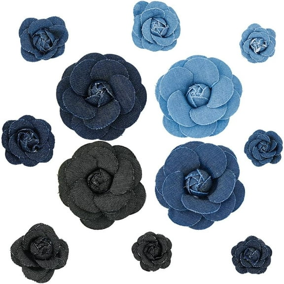 12Pcs 4 Sizes Denim Flower Blue Flower Embellishment 3D Flower Fabric Camelia Sewing Flowers DIY Craft Supplies for Clothes Hairclips Decoration DIY Costume Accessories