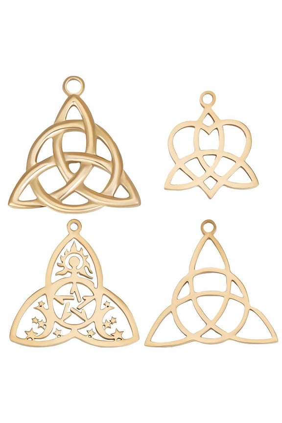 12Pcs 4 Style 304 Stainless Steel Pendants Trinity Knot Real 18K Gold Plated 21~27x18.5~26x1.5~2.5mm Hole: 1.4~2.5mm 3pcs/style DIY