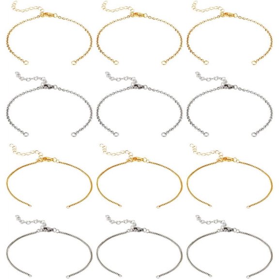 12Pcs 4 Style Half Finished 304 Stainless Steel Cable Chain Bracelets with Lobster Claw Clasps Chain Extender & Jump Rings