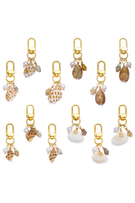 12Pcs 4 Styles Natural Shell Pendant Decorations POM Plastic Beads and Alloy Swivel Clasps Charms for Bag Ornaments Golden 62~69.5mm 3pcs/sytle