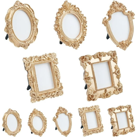 12Pcs 4 Styles Vintage Resin Picture Frames Resin Oval Rectangle Frame Mini Retro Frame Photo Tiny Frames for Photo Home Decoration Gold