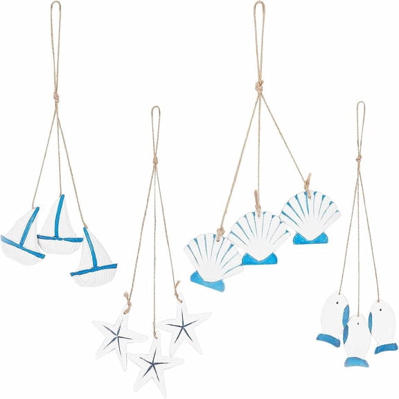 12Pcs 4 Styles Wooden Nautical Hanging Decoration Mini Beach Ornament Set Anchor Starfish Shell Ship Hangings Home Decor for Home Wall DecorationDIY