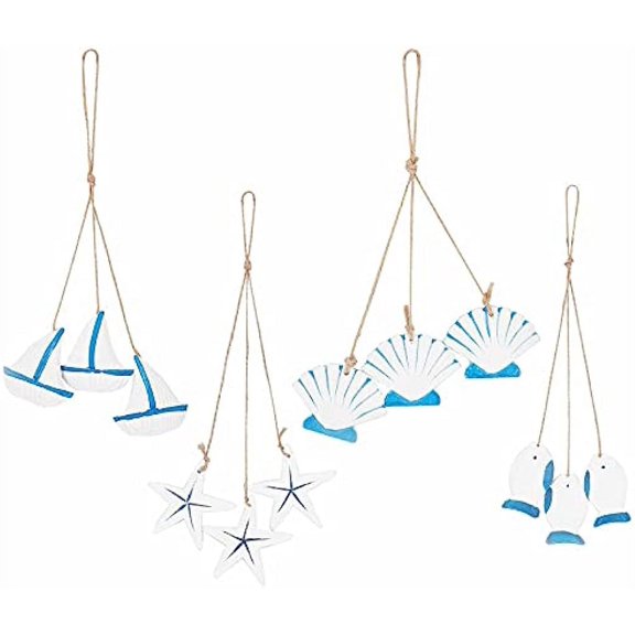 12Pcs 4 Styles Wooden Nautical Hanging Decoration Mini Beach Ornament Set Anchor Starfish Shell Ship