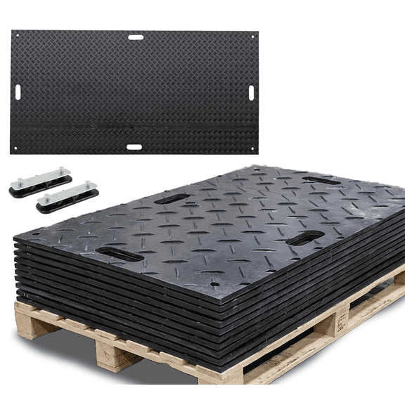 12Pcs 4' x 8' Ground Protection Mats w/ 22 Pcs Single Connectors - Double Sided Diamond Plated Tread Design High Density Polyethylene Mat, Easily Supports 120 Ton Loads on Lawns, Dirt