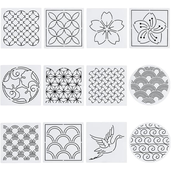 12Pcs 5.5 * 5.5inch Plastic Sashiko Stencils Drawing Stencils Embroidery Patterns 12 Different Japanese Style Patterns Embroidery Templates for Hand Quilting