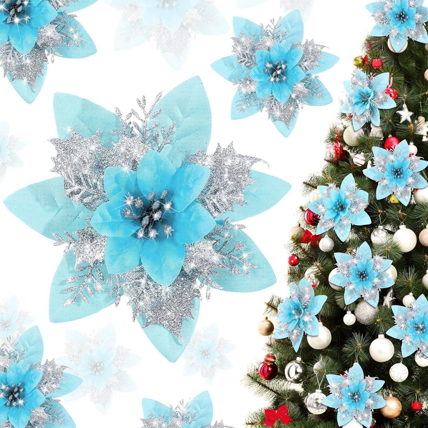 12Pcs 5.5inch Glitter Christmas Poinsettia Artificial Xmas Flower ...