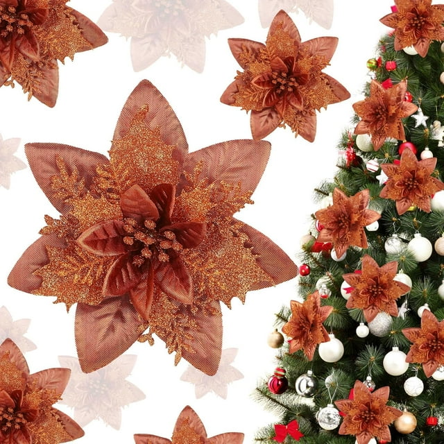 12Pcs 5.5inch Glitter Christmas Poinsettia Artificial Xmas Flower