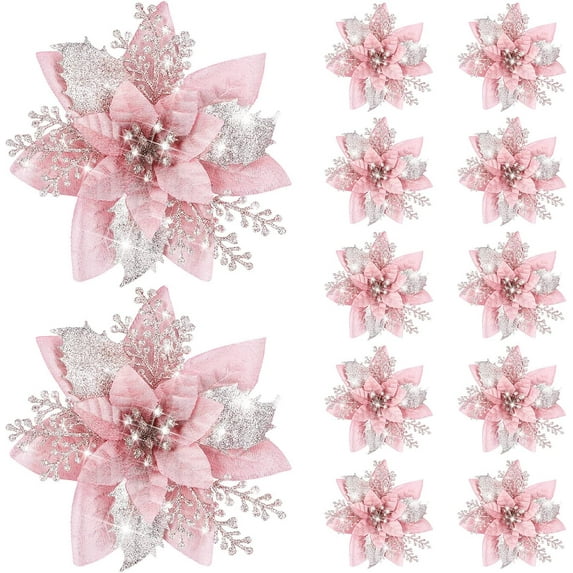12Pcs 5.7inch Artificial Poinsettias Christmas Glitter Flowers with Clips Xmas Tree Flower Ornament Poinsettias Decor