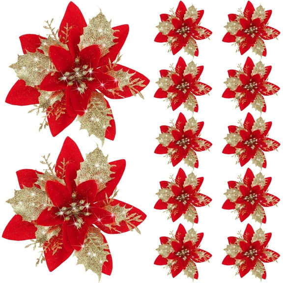 12Pcs 5.7inch Artificial Poinsettias Christmas Glitter Flowers with Clips Xmas Tree Flower Ornament Poinsettias Decor