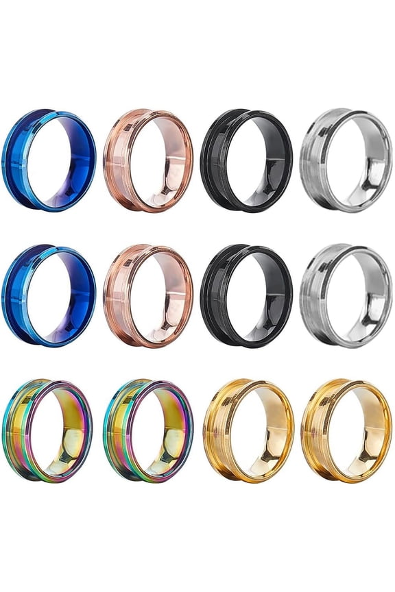 12Pcs 6 Colors 304 Stainless Steel Grooved Finger Ring Settings Ring Core Blank for Inlay Ring Jewelry Making Mixed Color US Size 8(18.1mm) 2Pcs/color