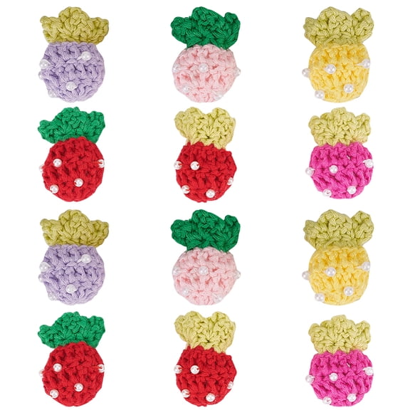 12Pcs 6 Colors Hand Crochet Wool Ornament Accessories with Imitation Pearl 3D Strawberry Mixed Color 38x27.5x21mm 2pcs/color for DIY