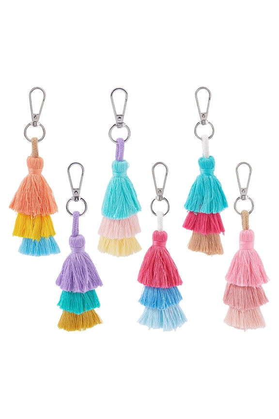 12Pcs 6 Colors Handmade Macrame Nylon Thread Pendant Decorations Alloy Clasps Charms for Bag or Keychain Ornaments Mixed Color 140mm 2pcs/color