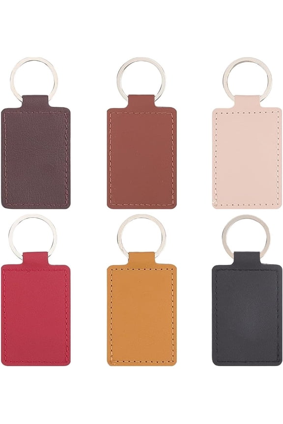 12Pcs 6 Colors PU Leather Keychain Blank Key Chains Bulk Black Brown Rectangular Engraving Stamping Blanks Keys Fob Holder with Silver Alloy Rings