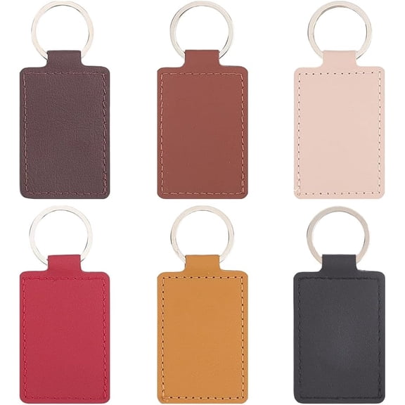 12Pcs 6 Colors PU Leather Keychain Blank Key Chains Bulk Black Brown Rectangular Engraving Stamping Blanks Keys Fob Holder with Silver Alloy Rings