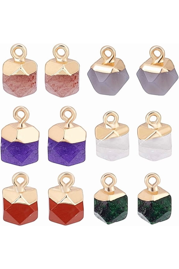 12Pcs 6 Colors Quartz Stone Pendants Natural Faceted Stone Charms Electroplated Stones Charms Multi-faceted Stones Dangle Pendants with Gold Loop
