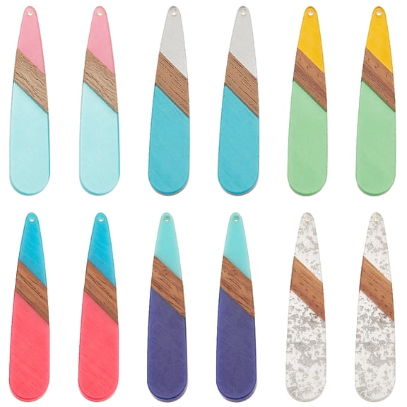 12Pcs 6 Colors Resin Wood Charms Teardrop Charms Walnut Wood Big Pendants 53.5x11mm Vintage Statement Earrings Charms for DIY Jewellery Making Necklace Earrings Key Chain Crafts DIY Mixed Color