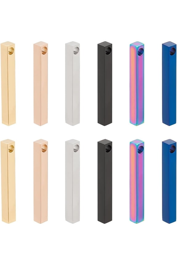 12Pcs 6 Colors Stainless Steel Engraving Bar with 3.8mm Hole Rectangle Stamping Blanks Bar Pendant Engraving Blank ID Name Tags 15.5x2x2inch