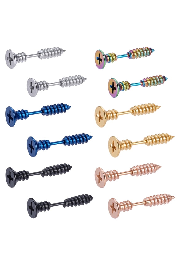 12Pcs 6 Colors Stainless Steel Stud Earrings Screw Shape Mixed Color 25.5x7.5mm 2pcs/color