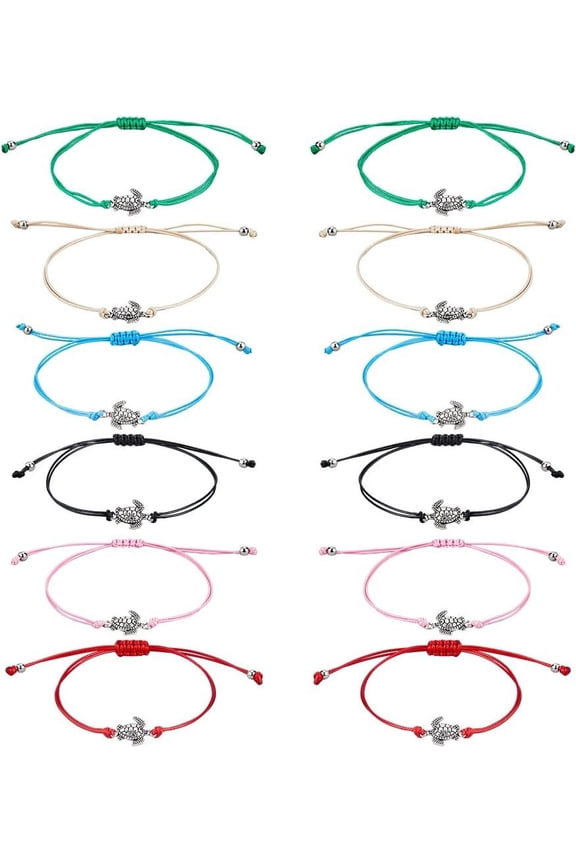 12Pcs 6 Colors Woven Bracelets Sea Turtles Rope Bracelets Handmade Wave Bracelets Adjustable Wax String Couples Bracelet Birthday Gift for Woman Niece