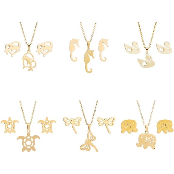 12Pcs 6 Sets Stainless Steel Animal Jewelry Set Golden Sea Turtle Chain Necklace Dolphin Stud Earrings Fashionable Thin Chain Necklace Birthday Christmas Jewelry Gifts for Woman Golden