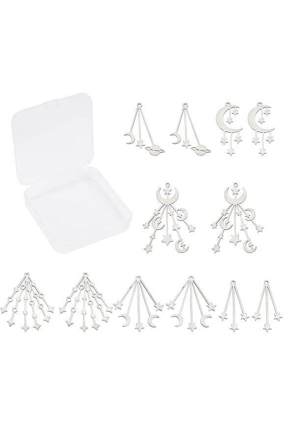 12Pcs 6 Style 201 Stainless Steel Pendants Laser Cut Moon with Star Stainless Steel Color 2pcs/style