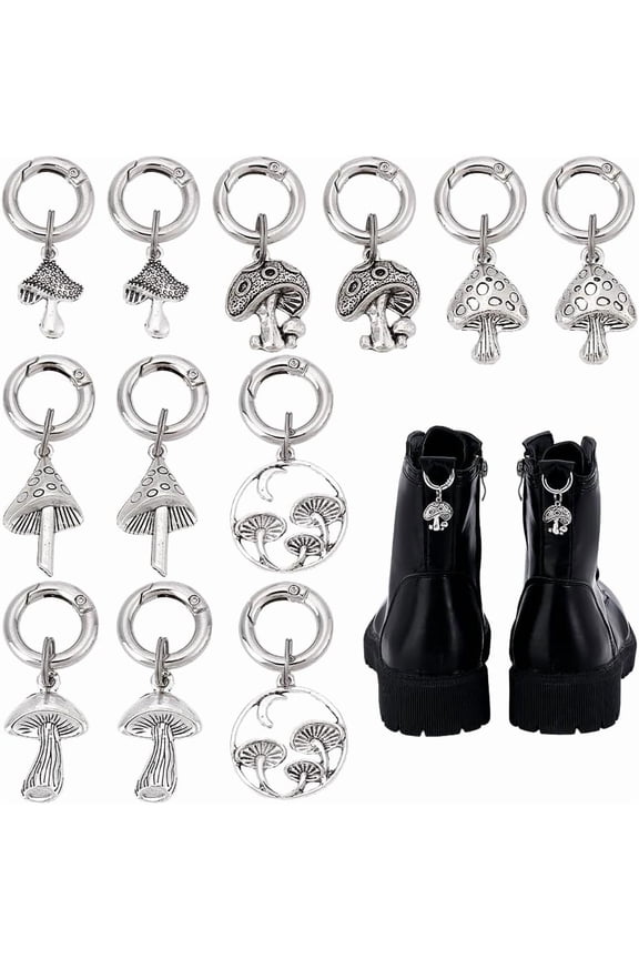 12Pcs 6 Style Alloy Shoes Charms Mushroom with Alloy Spring Gate Rings Platinum 46~50mm 2pcs/style for DIY