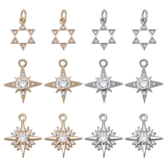 12Pcs 6 Style Brass Micro Pave Clear Cubic Zirconia Charms Star Star of David Platinum Golden 12.5~14x9~12x1~3mm Hole: 1.2~3mm