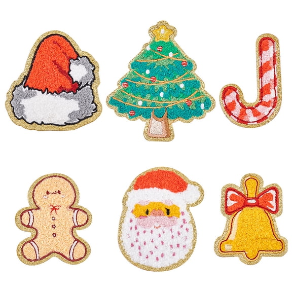 12Pcs 6 Style Christmas Theme Towel Embroidery Cloth Patches Self Adhesive Crochet Applique Patches Gingerbread Man Santa
