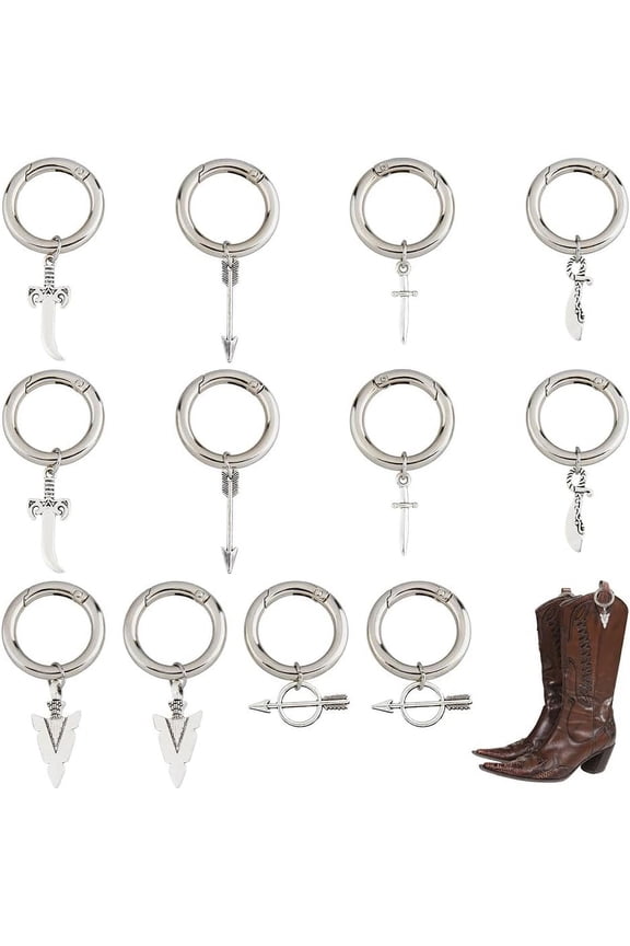 12Pcs 6 Style Dagger/Arrow/Knife Tibetan Style Alloy Shoe Charms with Zinc Alloy Spring Gate Rings Platinum 43~60mm 2pcs/style