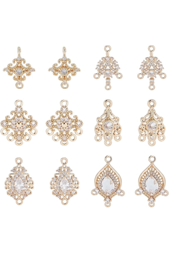 12Pcs 6 Style Links Making Finding Kit Including Brass Micro Pave Cubic Zirconia Chandelier Component Link & Connectors Charms Flower