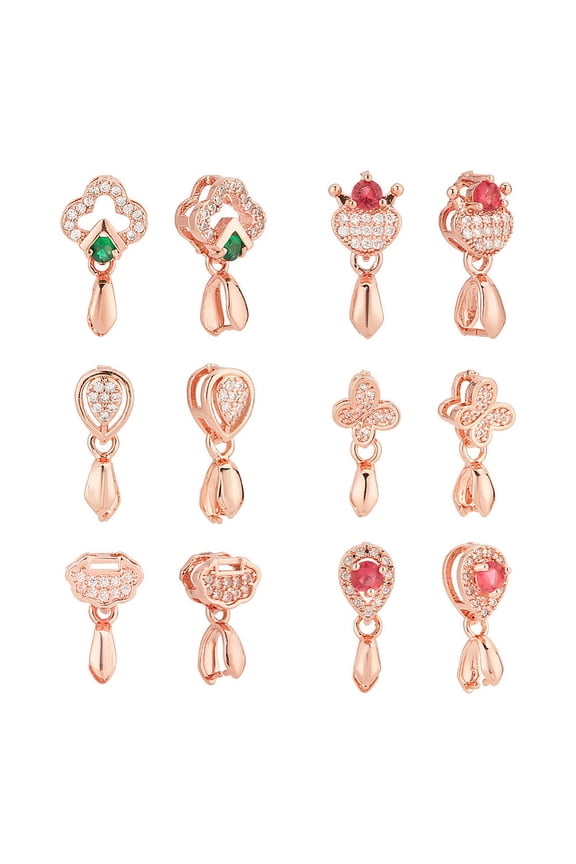 12Pcs 6 Style Long-Lasting Plated Brass Micro Pave Cubic Zirconia Ice Pick Pinch Bails Flower/Heart/Teardrop/Butterfly/Longevity Lock Rose Gold