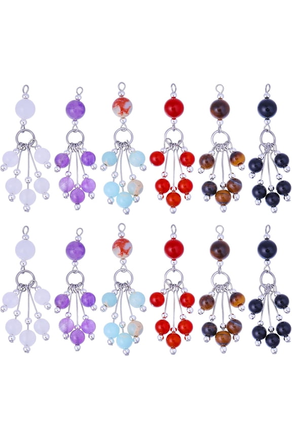 12Pcs 6 Style Natural & Synthetic Gemstone Pendants with Stainless Steel & Brass Findings 54mm Hole: 2mm 2pcs/style