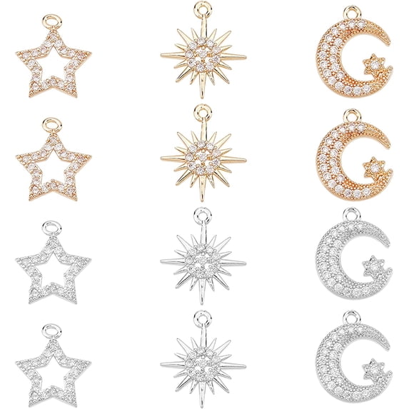 12Pcs 6 Style Rack Plating Brass Micro Pave Cubic Zirconia Charms Long ...