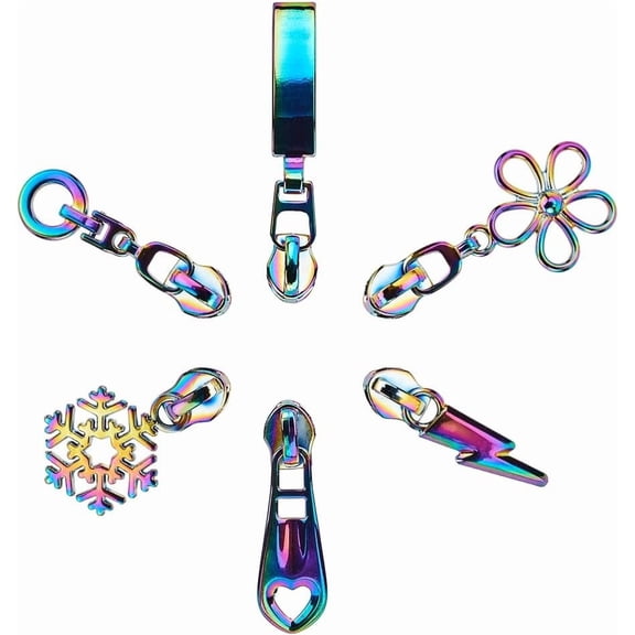 12Pcs 6 Style Rainbow Zipper Pulls Replacement Lightning Snowflake Flower Donut Heart Rectangle Metal Zipper Sliders Alloy Zipper Head for Purse Bags Craft Sewing DIY Tailor Luggages Rainbow ColorDIY