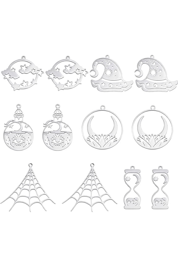 12Pcs 6 Styles 201 Stainless Steel Wizarding World Pendants Hat Sand Clock Spider Web Planet Ring Shape Charms Pendants for DIY Necklace Bracelet Keychain Crafting Jewelry Making Gold