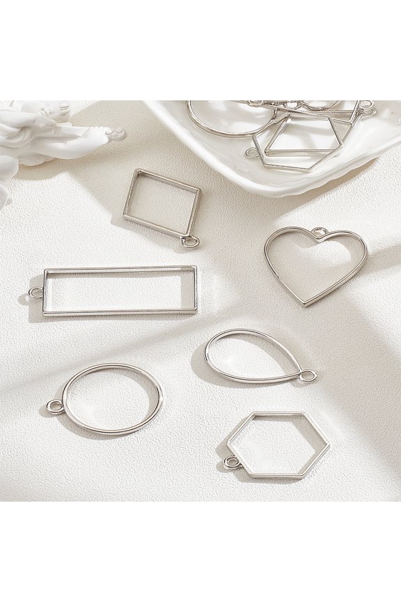 12Pcs 6 Styles Alloy Open Back Bezel Pendants For DIY UV Resin Epoxy Resin Pressed Flower Jewelry Mixed Shapes Platinum 29~49x20~30.2x1.32~3.7mm DIY