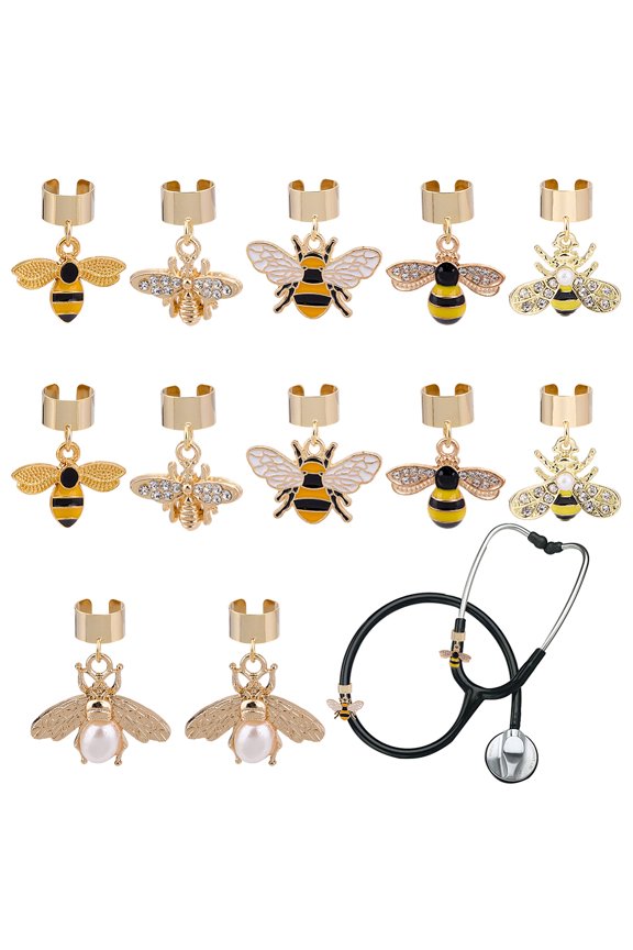 12Pcs 6 Styles Bees Alloy Enamel & Rhinestone Stethoscope Pendant Decorations with 304 Stainless Steel Findings Golden 21~32mm 2pcs/style